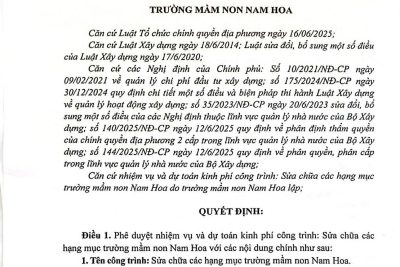 QUYẾT ĐỊNH V/v PHÊ DUYỆT NHIỆM VỤ VÀ DỰ TOÁN KINH PHÍ CÔNG TRÌNH SỬA CHỮA CÁC HẠNG MỤC TRƯỜNG MẦM NON NAM HOA