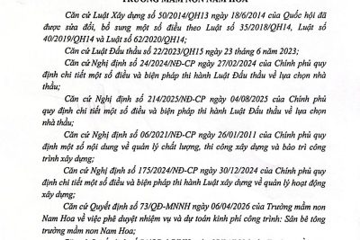 QUYẾT ĐỊNH V/v CHỈ ĐỊNH THẦU ĐƠN VỊ THI CÔNG CÔNG TRÌNH SÂN BÊ TÔNG TRƯỜNG MẦM NON NAM HOA